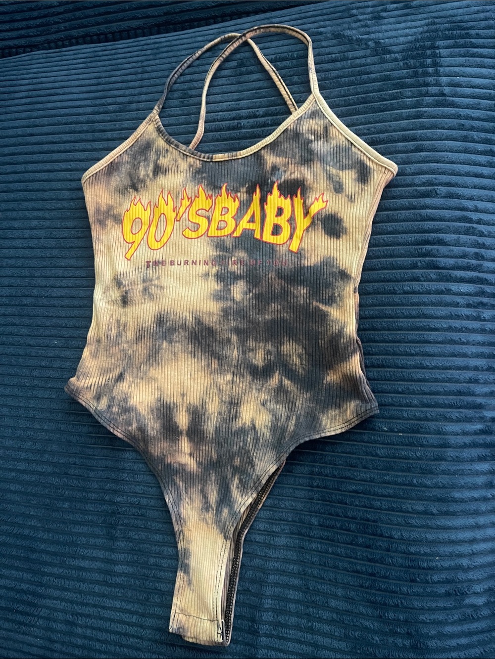 SHEIN Tie-Dye Ribbed One-Piece Bodysuit - Black & Cream with Yellow Graphic